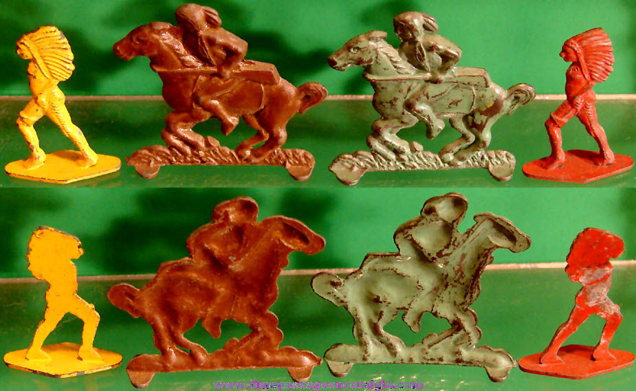 (4) Old Cracker Jack Pop Corn Confection Miniature Metal Toy Prize Native American Indian & Horse Figures