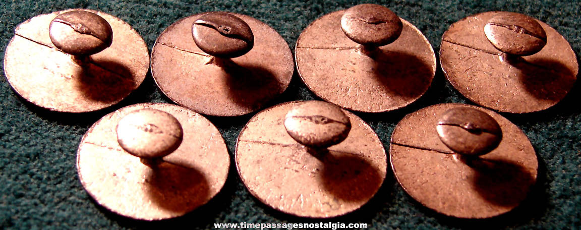 (7) Different Old Cracker Jack Pop Corn Confection Pot Metal or Lead Toy Prize Lapel Stud Buttons