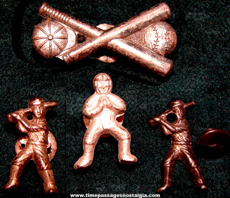 (4) 1930s Cracker Jack Pop Corn Confection Pot Metal or Lead Toy Prize Baseball Sports Lapel Stud Buttons