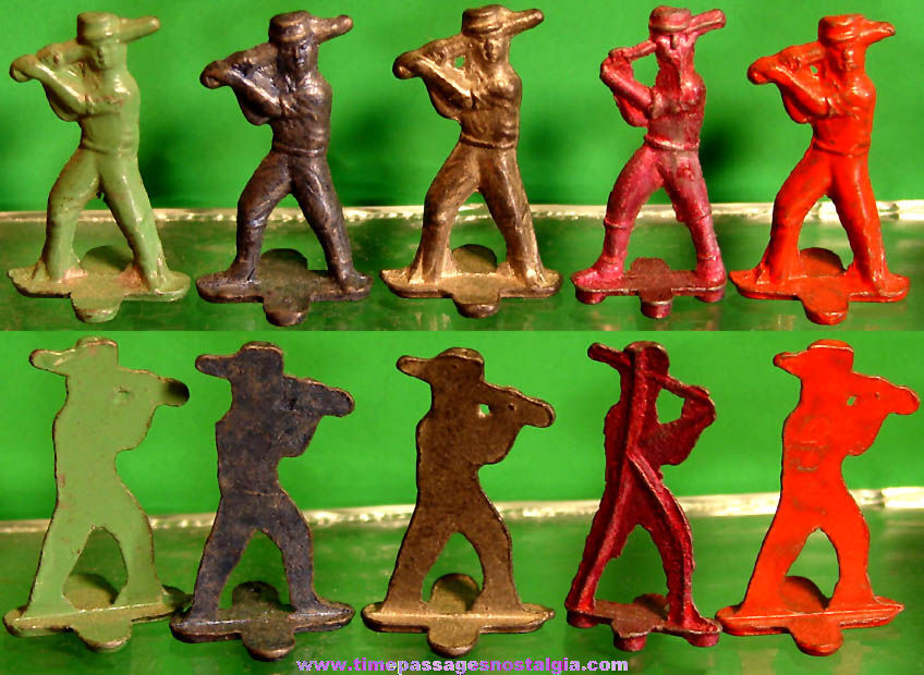 (5) Early Cracker Jack Pop Corn Confection Pot Metal or Lead Sports Toy Prize Baseball Player Batter Figures
