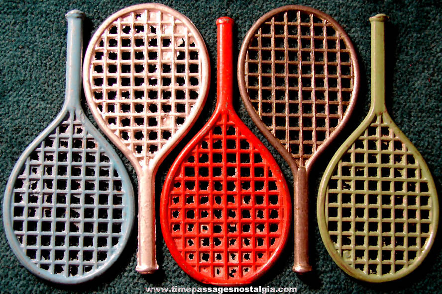(5) 1930s Cracker Jack Pop Corn Confection Pot Metal or Lead Miniature Sports Toy Prize Tennis Racquets