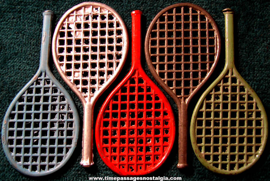 (5) 1930s Cracker Jack Pop Corn Confection Pot Metal or Lead Miniature Sports Toy Prize Tennis Racquets