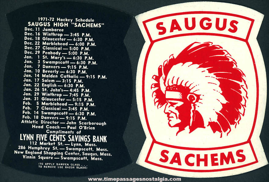 (2) 1971 - 1972 Saugus Massachusetts High School Sachems Hockey Game Schedules