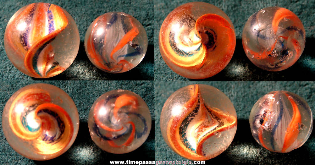 (2) Different Old Divided Core and Swirl Hand Made Glass Game Marbles