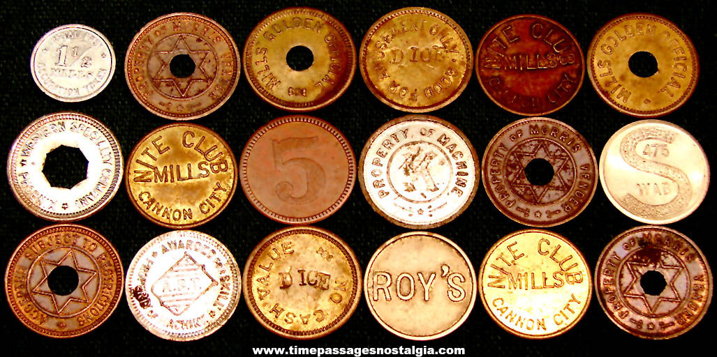 (18) Old Amusement Arcade or Slot Machine Advertising Gaming Metal Token Coins