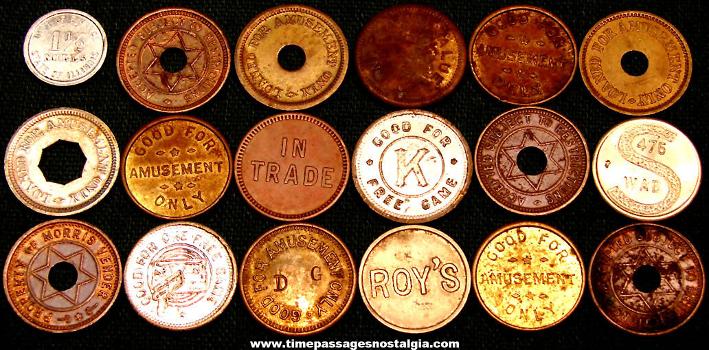 (18) Old Amusement Arcade or Slot Machine Advertising Gaming Metal Token Coins