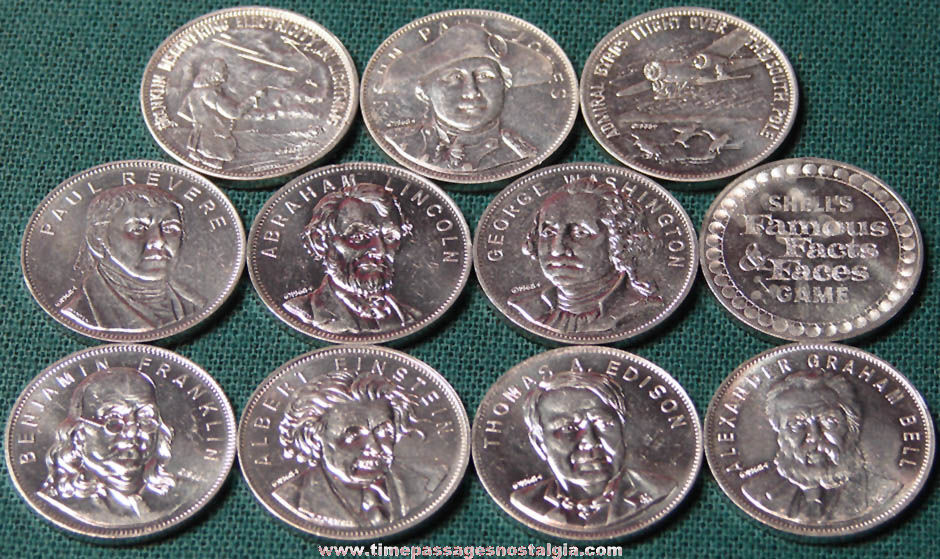 (11) Different 1968 Shell Gasoline & Oil Advertising Premium Famous Facts & Faces Game Token Coins