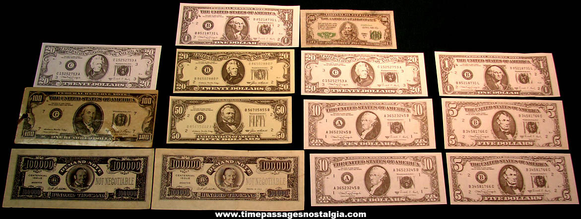 (14) Old Miniature United States or American Toy Play Money Currency or Bill Notes
