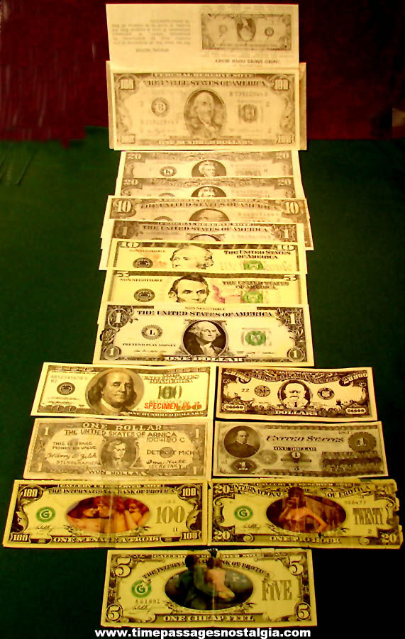 (15) Old United States or American Novelty and Educational Currency or Bill Notes