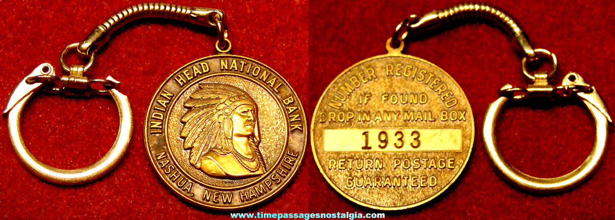 Old Indian Head National Bank Nashua New Hampshire Advertising Number Registered Premium Key Chain