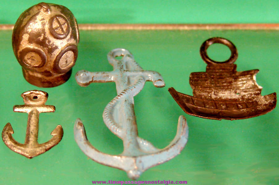 (4) Different Old Cracker Jack Pop Corn Confection Pot Metal or Lead Miniature Nautical Toy Prize Items