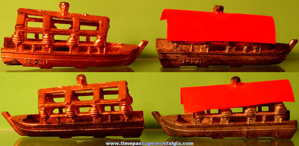 (2) Matching Old Cracker Jack Pop Corn Confection Pot Metal or Lead Miniature Nautical Toy Prize Boats