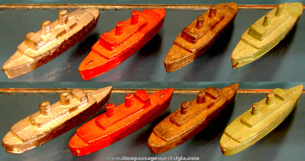 (4) Matching Old Cracker Jack Pop Corn Confection Pot Metal or Lead Miniature Nautical Toy Prize Ocean Liner Cruise Ships
