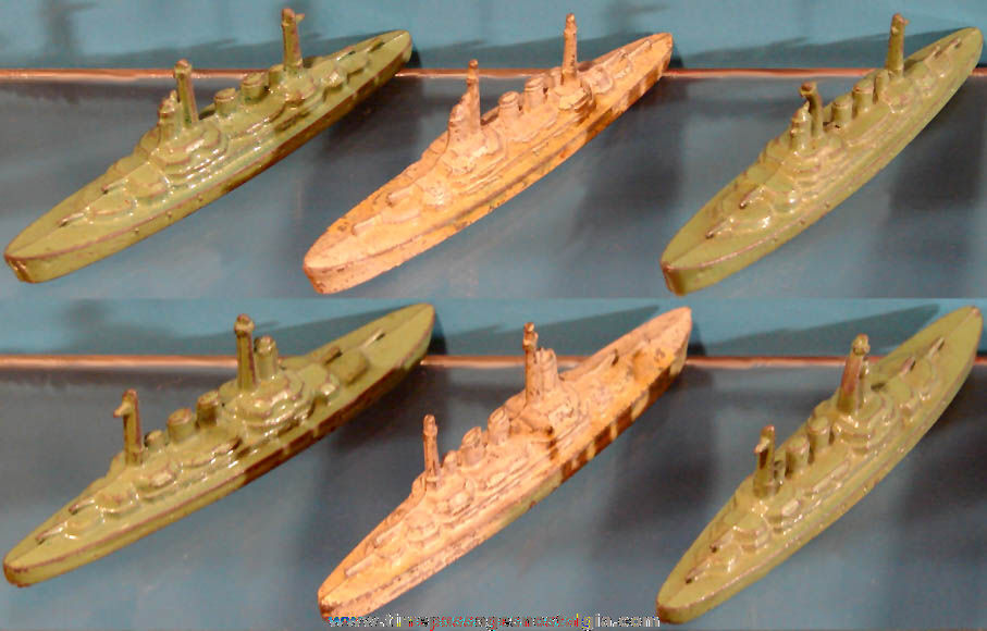(3) Matching Old Cracker Jack Pop Corn Confection Pot Metal or Lead Miniature Nautical Toy Prize U.S. Navy Cruiser Ships