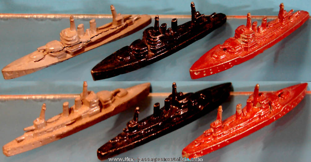 (3) Matching Old Cracker Jack Pop Corn Confection Pot Metal or Lead Miniature Nautical Toy Prize U.S. Navy Cruiser Ships