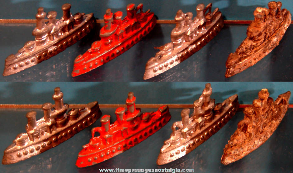(4) Matching Old Cracker Jack Pop Corn Confection Pot Metal or Lead Miniature Nautical Toy Prize U.S. Navy Cruiser or Battleships