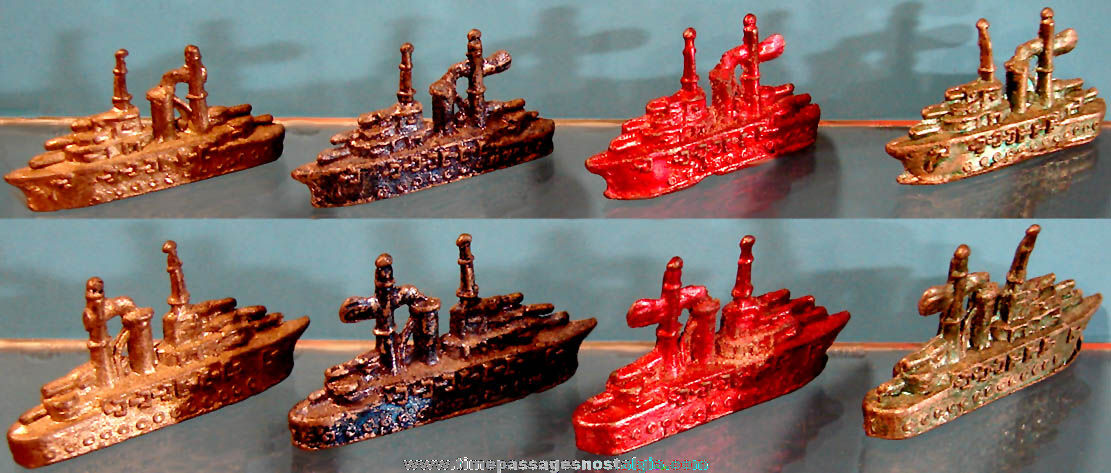 (4) Matching Old Cracker Jack Pop Corn Confection Pot Metal or Lead Miniature Nautical Toy Prize U.S. Navy Cruiser or Battleships