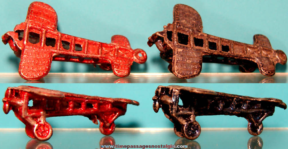 (2) Matching 1931 Cracker Jack Pop Corn Confection Miniature Pot Metal or Lead Toy Prize Airplanes