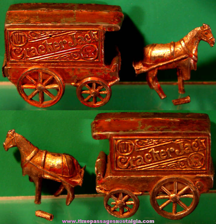 Rare Early Cracker Jack Pop Corn Confection Miniature Pot Metal or Lead Toy Prize Advertising Delivery Horse Wagon