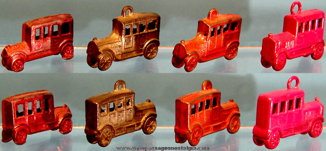 (4) Old Cracker Jack Pop Corn Confection Miniature Pot Metal or Lead Toy Prize Touring Automobile Charms