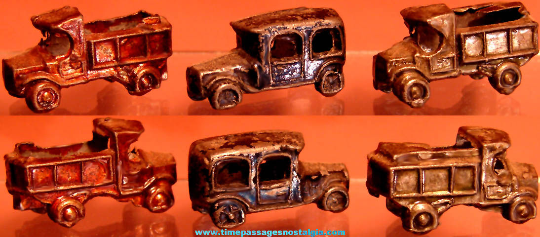 (3) Old Cracker Jack Pop Corn Confection Miniature Pot Metal or Lead Toy Prize Trucks & Touring Automobile