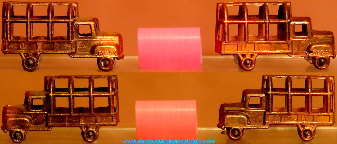 (2) Old Matching Cracker Jack Pop Corn Confection Miniature Pot Metal or Lead Toy Delivery Trucks