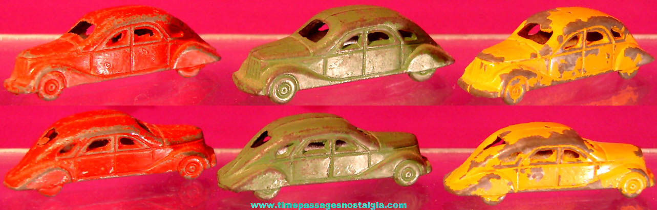 (3) Old Matching Cracker Jack Pop Corn Confection Miniature Pot Metal or Lead Toy Sedan Automobiles
