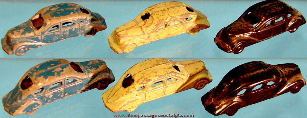 (3) Old Matching Cracker Jack Pop Corn Confection Miniature Pot Metal or Lead Toy Sedan Automobiles
