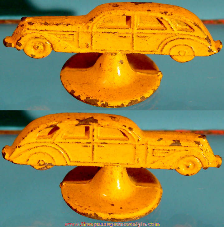 Old Cracker Jack Pop Corn Confection Miniature Pot Metal or Lead Toy Sedan Automobile Prize On A Base