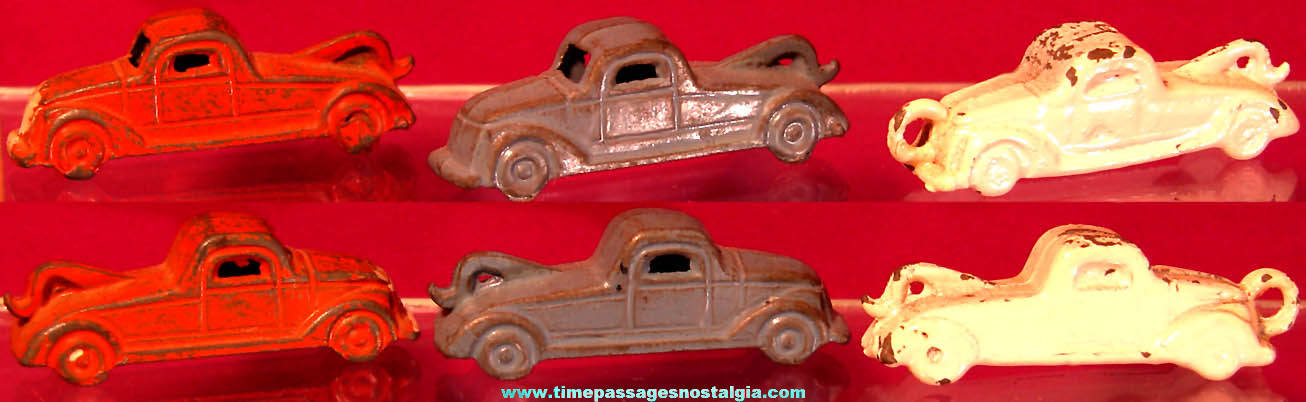 (3) Old Cracker Jack Pop Corn Confection Miniature Pot Metal or Lead Toy Tow Trucks