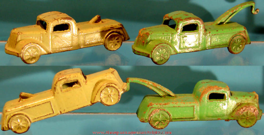 (2) Old Cracker Jack Pop Corn Confection Miniature Pot Metal or Lead Toy Tow Trucks
