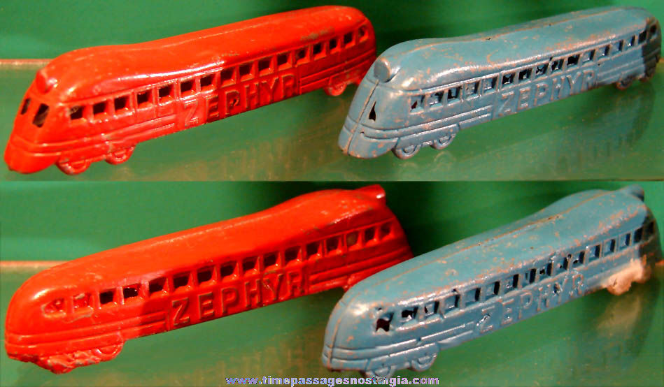 (2) 1930s Cracker Jack Pop Corn Confection Miniature Pot Metal or Lead Toy Zephyr Diesel Train Engines