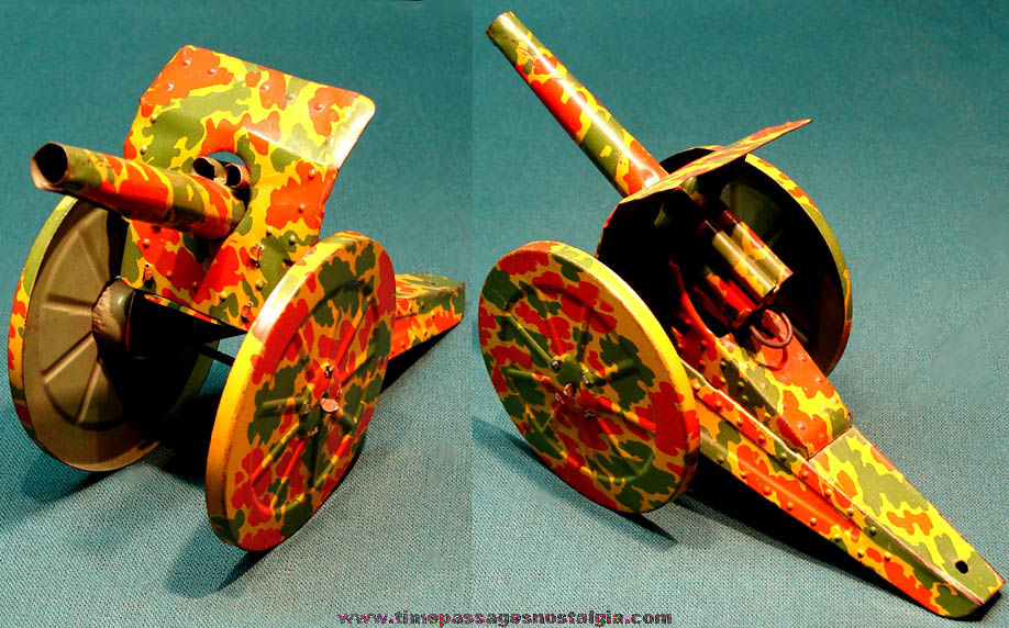 Lithographed Tin Toy Spring Loaded Military or Army Artillery Cannon