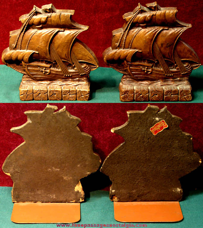 (2) Matching Old Sailing Ship OrnaWood or Syroco and Metal Book Ends