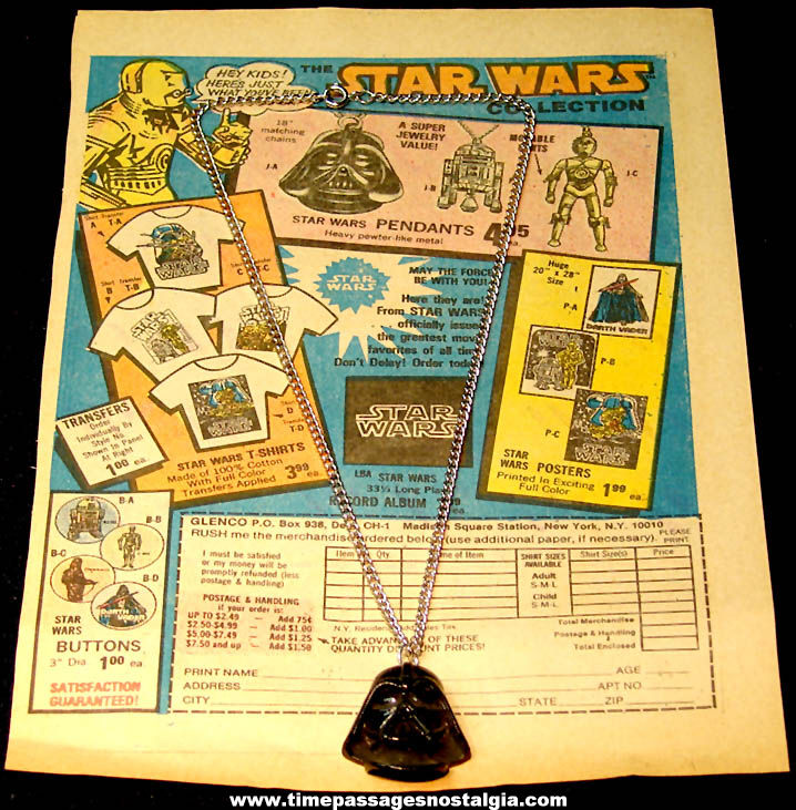 1977 Star Wars Darth Vader Character Necklace with Comic Book Advertisement