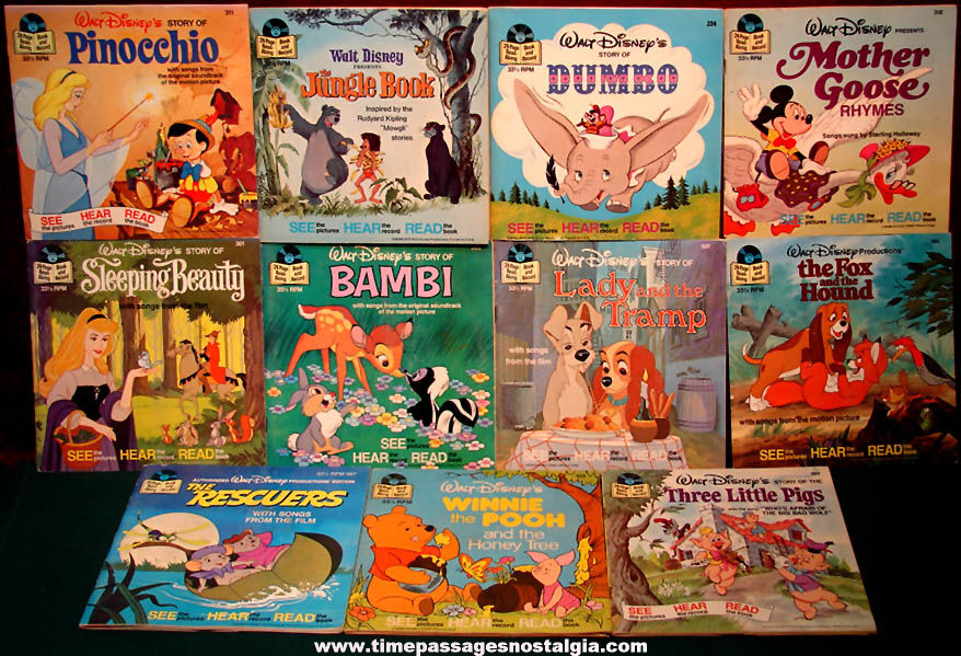 (11) Old Walt Disney Cartoon Character Read Along Book and Record Sets