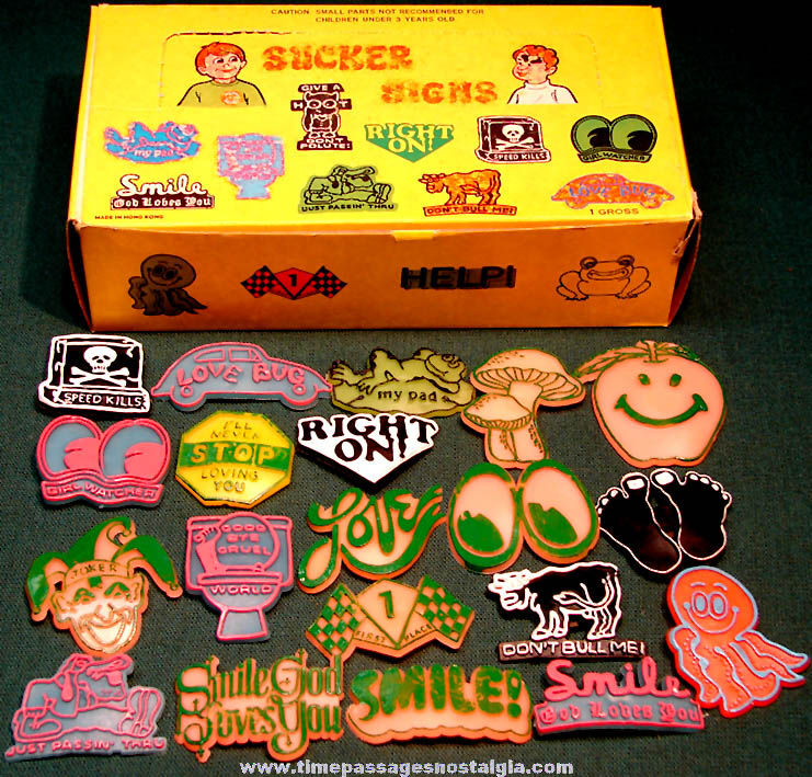 (20) Different Colorful Old Novelty Rubber Sucker Signs With Advertising Store Display Box