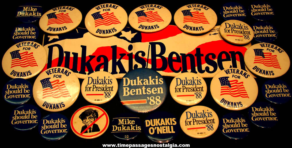 (28) Old Massachusetts Governor Mike Dukakis Political Campaign Advertising Items