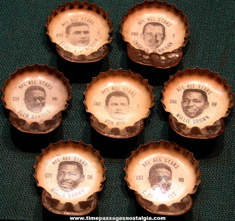 (7) Old Tab Soda Lift Top Bottle Caps with American Football League All Star Football Players
