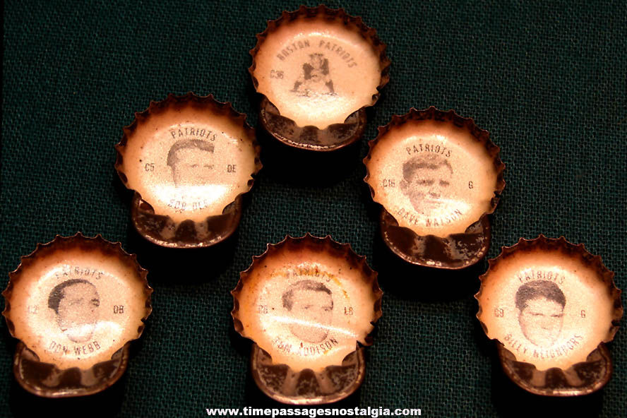 (6) Old Tab Soda Lift Top Bottle Caps with Boston Patriots Football Players