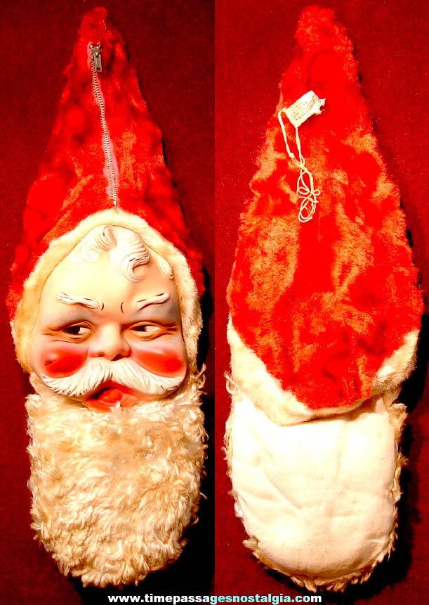 Old Bijou Toys Rubber & Cloth Christmas Holiday Santa Claus Head Zipper Bag