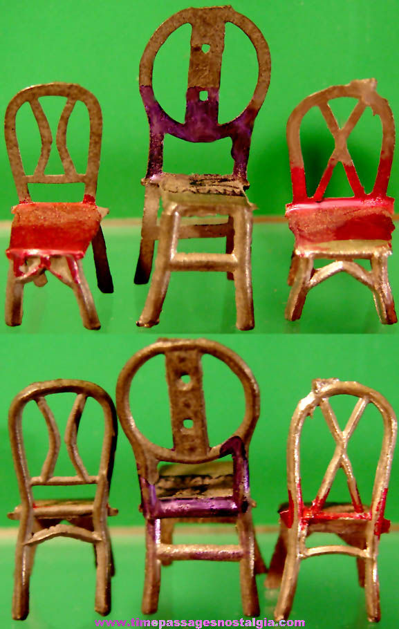 (3) Old Cracker Jack Pop Corn Confection Pot Metal or Lead Toy Prize Kitchen Table Chairs