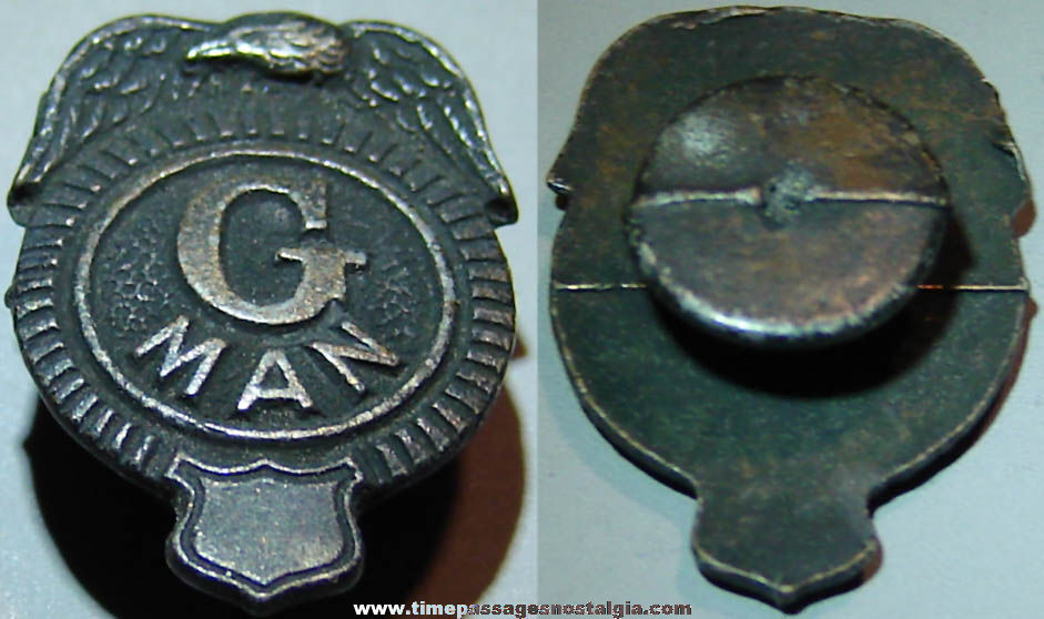 Old Cracker Jack Pop Corn Confection Pot Metal or Lead G Man Badge Toy Prize Lapel Stud Button