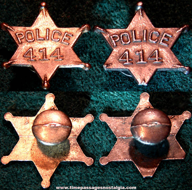 (2) Old Cracker Jack Pop Corn Confection Pot Metal or Lead Miniature Cracker Jack Toy Prize Police Badge Lapel Stud Buttons