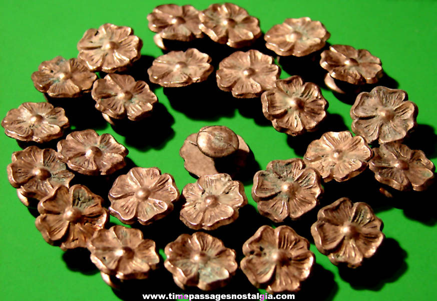 (25) Old Unused Cracker Jack Pop Corn Confection Pot Metal Toy Prize Flower Lapel Stud Buttons
