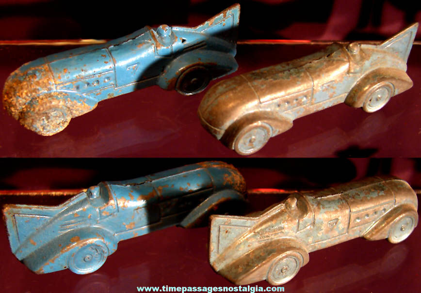 (2) Old Cracker Jack Pop Corn Confection Pot Metal or Lead Toy Prize Bluebird Race Cars
