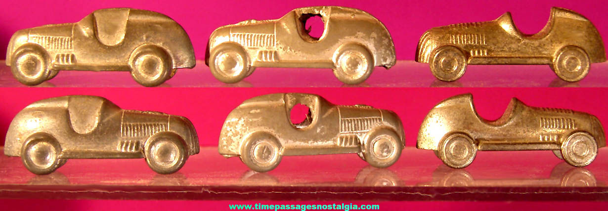 (3) Old Cracker Jack Pop Corn Confection Metal Toy Prize Roadster or Race Cars