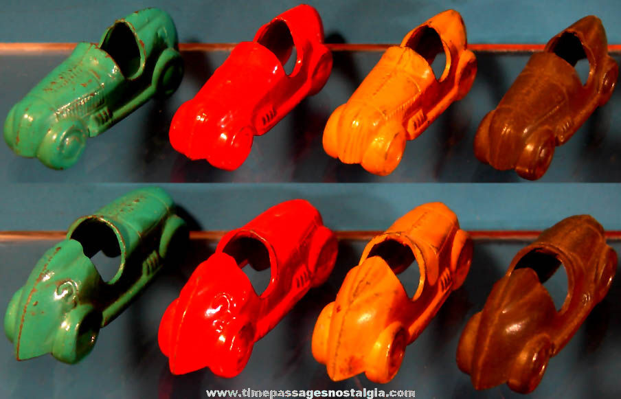 (4) Old Cracker Jack Pop Corn Confection Metal Toy Prize Roadster or Race Cars