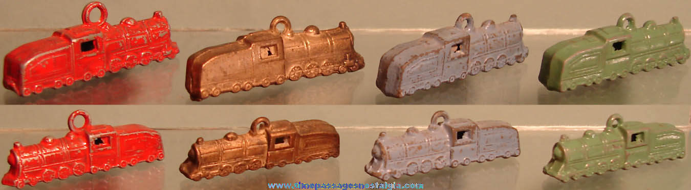 (4) 1940 Cracker Jack Pop Corn Confection Pot Metal or Lead Toy Prize Steam Locomotive Train Engine with Tender Charms
