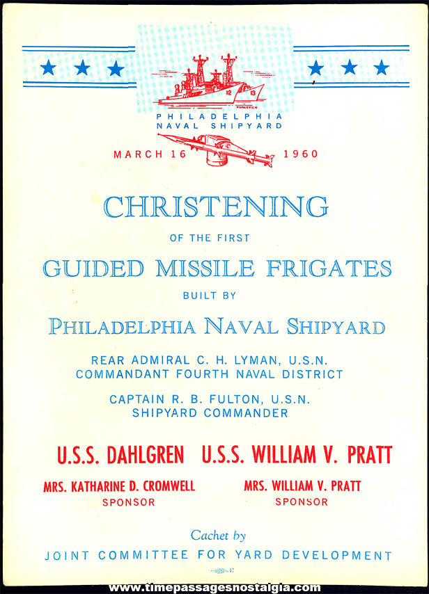 1960 United States Navy U.S.S. Dahlgren DLG-12 & U.S.S. William V. Pratt DLG-13 Christening Announcement Card